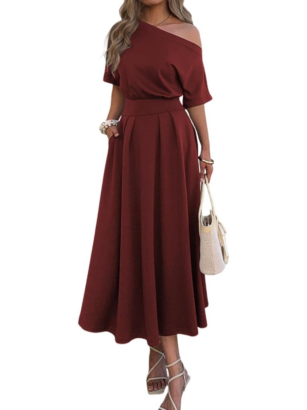 Women's Burgundy Casual Empire Waist One Shoulder With Pockets Maxi Dresses